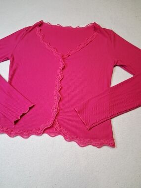4/20$ Bright Pink Ribbed Lace-Trim Button Cardigan